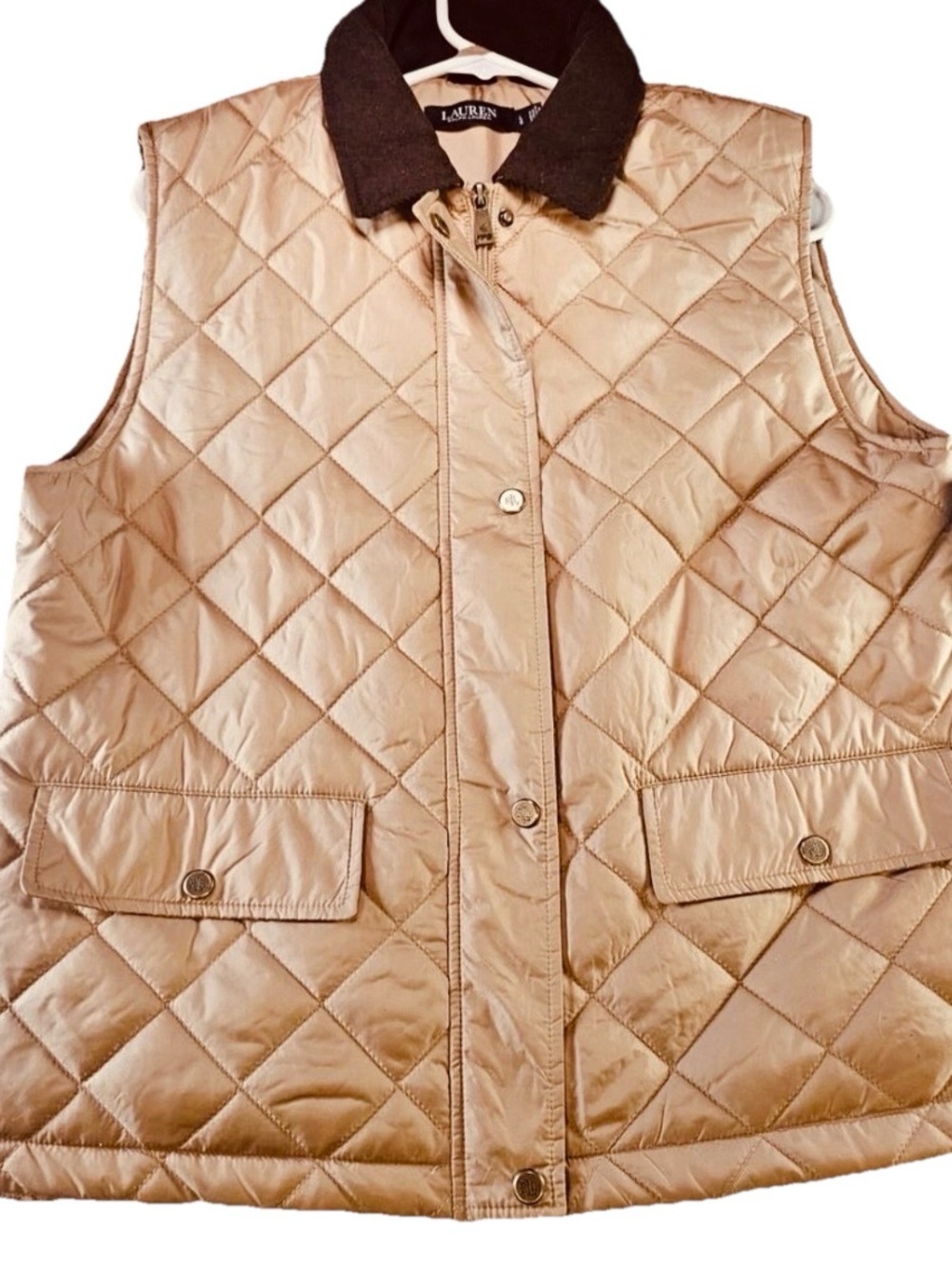 NWT RALPH LAUREN Size XL Beige Quilted Vest With Brown Corduroy Collar